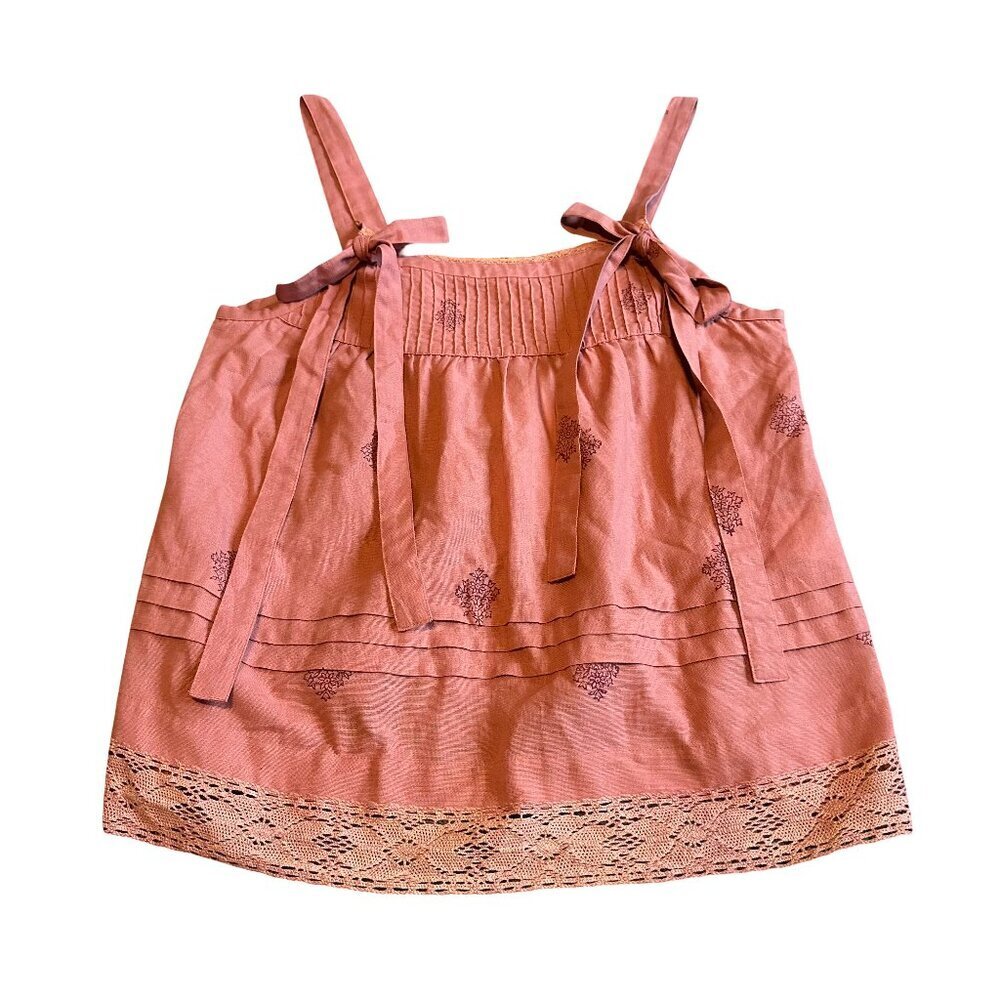 Kopal Block Print Bohemian Tank Top Shirt Blouse Bows Lace Trim Size Large NWT